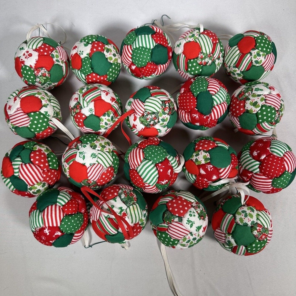 Vintage Lot of 18 Quilted Pattern Christmas Ball Ornaments Country Red Green